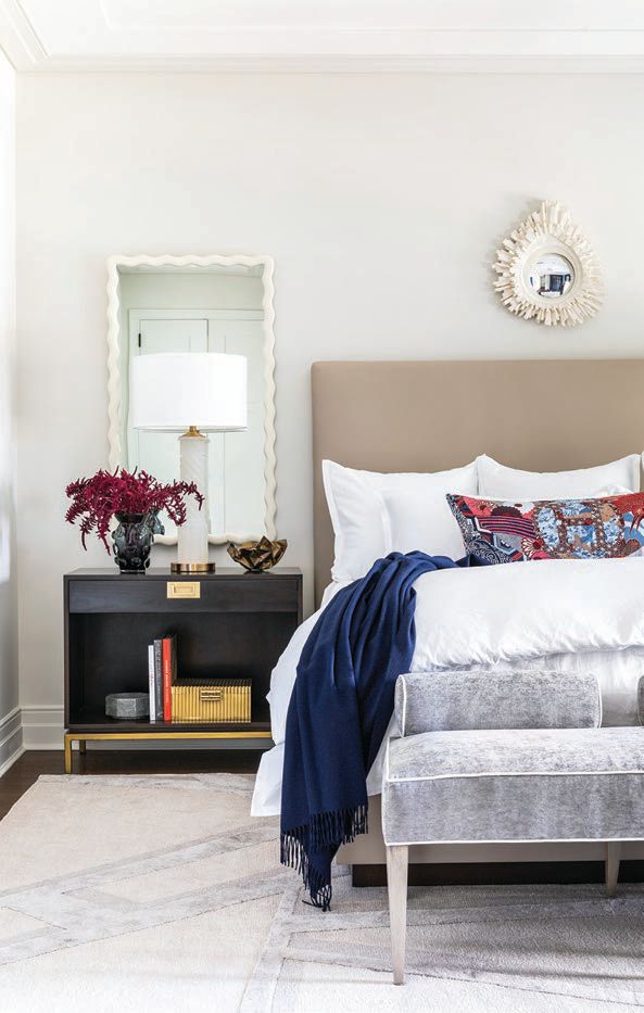 To create the ultimate respite, the primary bedroom features bedding from Longoria Collection and upholstered chairs from Ladco PHOTOGRAPHED BY JULIE SOEFER