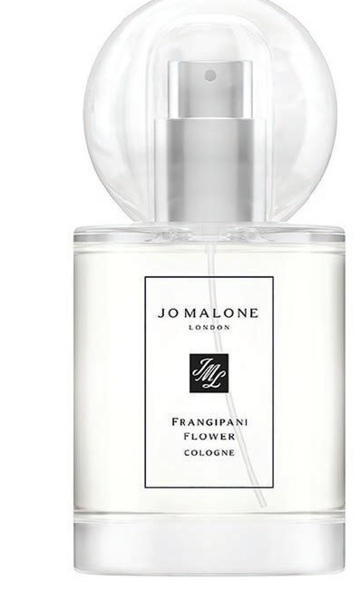 Sun-kissed notes and lemon warm middle notes of frangipani, jasmine and ylang-ylang in this summery scent. Jo Malone London Frangipani Flower cologne, jomalone. com. PHOTO COURTESY OF BRANDS